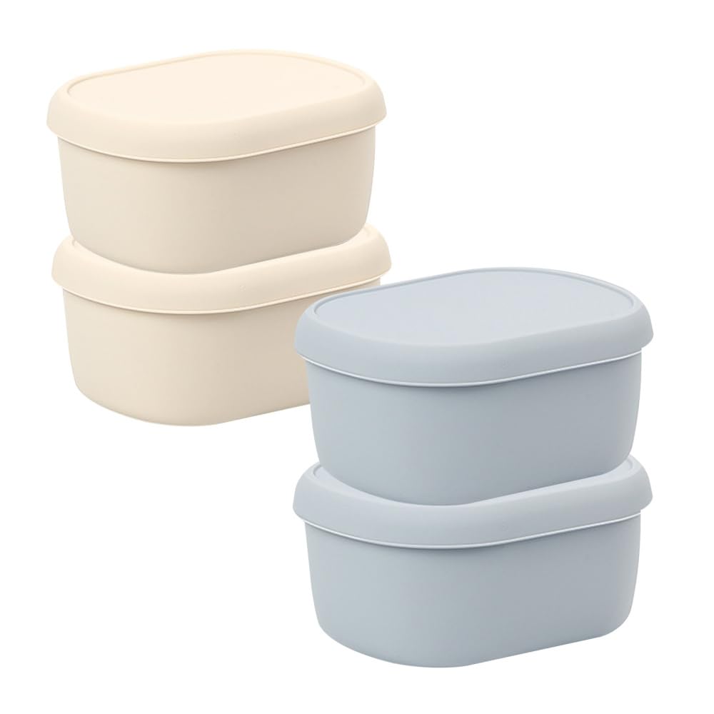 Dongker Beige + Blue Silicone Snack Containers, 4Pcs 200Ml Reusable Leakproof Stackable Snack Boxes With Lids For Microwave Freezer Parties, Weddings, Events Travel