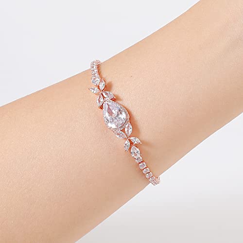 Coolyouth Rose Gold Bracelets For Women-Adjustable Rhinestone Bracelet For Wedding Women`s Bracelets For Brides Bridesmaids Cubic Zircon Tennis Bracelet Wedding Jewelry Set (Rose Gold Br12) #TOP3
