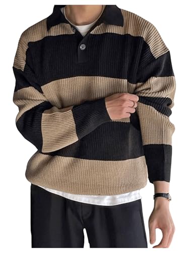 Floerns Men's Color Block Striped Long Sleeve Thermal Knitted Sweater Pullover