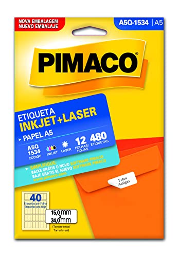 Etiqueta Adesiva Pimaco, Ink-Jet/Laser A5, A5-Q1534E, Branca, 15x34mm, Envelope com 12 fls-480 etiqu