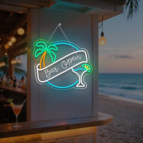 Image of WX&YH Bar Open Neon Sign Cocktail Coconut Tree Led Light Open Signs for Business Bar Decorations for Home Pub Party Club Beer Bar Lights Man Cave Coffee Stores Restaurant Palm Decor Gifts