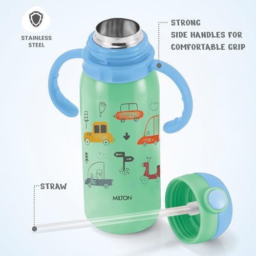Image of MILTON Fountain 650 ISI Certified Stainless Steel Water Bottle, Leak Proof, Rust Proof, Single walled,1 Yr Warranty, Ideal Sipper Water Bottle for School Kids Bottle, 625 ml, Aqua Green (Cars)
