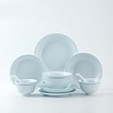 Jingdezhen Celadon Ceramic Dinnerware Set, 12-Piece with Bowls, Plates and Spoons, Light Blue Glossy Finish...