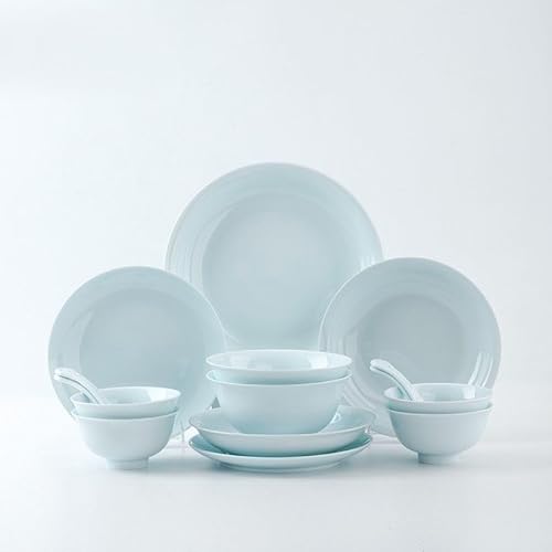 Jingdezhen Celadon Ceramic Dinnerware Set, 12-Piece with Bowls, Plates and