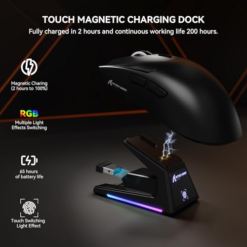 Image of ATTACK SHARK X1 Superlight Wireless Gaming Mouse with RGB Magnetic Charging Dock, BT /2.4G Wireless /Wired Gaming Mouse, PAW3395PRO Gaming Sensor, 40000DPI, 53g Office Mice for PC /Mac /Win /Xbox (Black)
