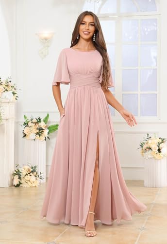 SOLODISH Chiffon Bridesmaid Dresses Long A Line Formal Evening Dresses with Sleeves Wedding Party Gown3