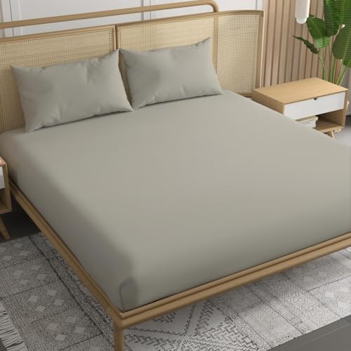 Image of Trance Home Linen 300 TC Bamboo Fitted Bedsheet | Soft, Breathable & Eco-Friendly Bedsheet with 2 Pillow Cover - (75 x 72 inch, Silver Grey)