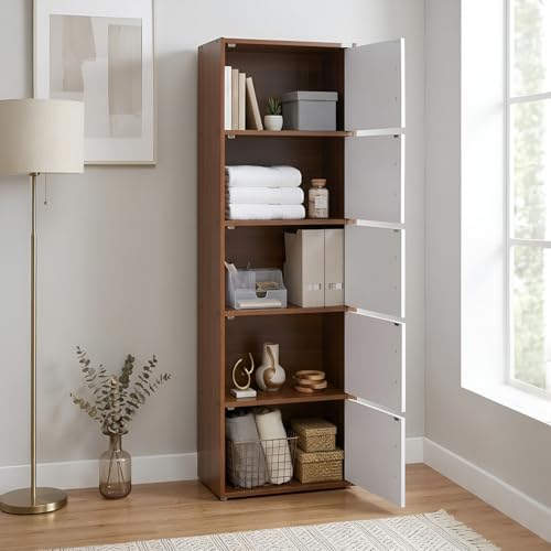 Image of Nilkamal Sear 5 Tier Wooden Storage Cabinet | Free Standing Book Shelf with 3 Doors & 3 Spacious Shelves | Engineered Wood | Organizer for Home & Office | Classic Walnut & White | DIY(Do It Yourself)