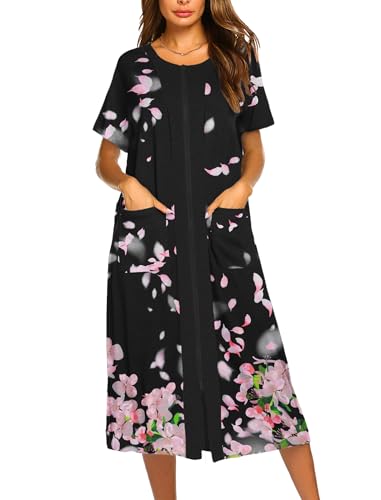 Zipper Front Robe Nightgown with Pockets, short sleeves