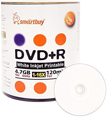 Smart Buy 100 Pack DVD+R 4.7gb 16x White Printable Inkjet Blank Media Record Disc, 100 Disc 100pk