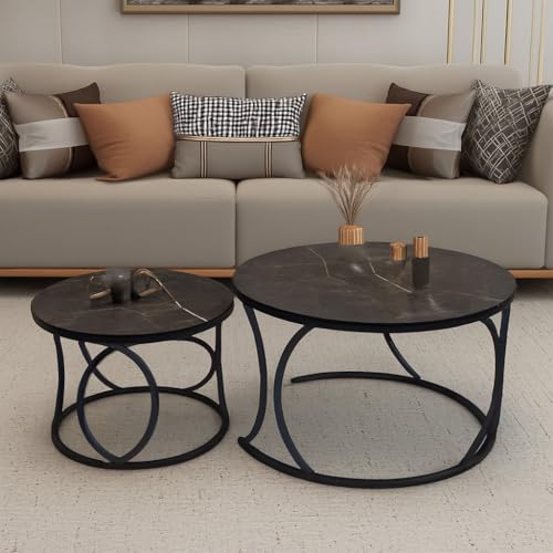 Image of Round End Table Set of Two Coffee Tables with Engineered Wood Top and Metal Frame, Contemporary Accent Side Table for Office, Bedroom, or Living Room Full Black