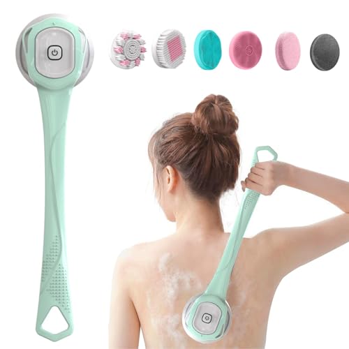 Electric Body Bath Brush, Azonee Scrubber Shower Brush Rechargeable Long-Handled Electric Bath Brush with 6 Heads for Cleanse, Massage, Exfoliate and Pamper Your Skin in The Shower (Fresh Green)