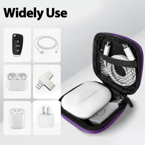 Image of Square Earbud Case with Carabiner, Portable Small Carrying Pouch for Wired /Wireless Earphones, EVA Travel Organizer Box for Charging Cables, USB Flash Drives, SD Cards, Purple