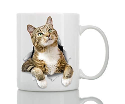 Pondering Tabby Cat Coffee Mug - Ceramic Funny Coffee Mug - Perfect Cat Lover Gift - Cute Novelty Coffee Mug Present - Great Birthday or Christmas Surprise for Friend or Coworker, Men and Women (15oz)
