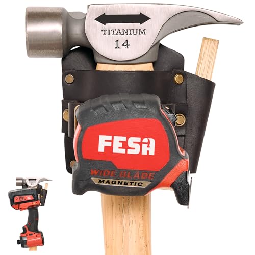 FESA Leather Tape Measure Holder - Tape or Drill Holder for Tool Belt with Steel Clip, Pencil Pocket & Heavy Duty Rivets - 2 Ways to Attach - Fits Any Belt - Handcrafted (Brown, with Hammer Pocket)