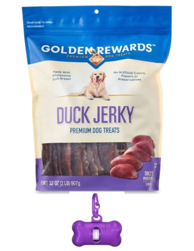 Golden Rewards Duck Jerky Dog Treats Natural High Protein, Real Duck Breast, Low Fat, Grain-Free, No by-Products, No Corn Wheat or Soy 32 oz Bag with Bone Waste Bag Dispenser and Roll