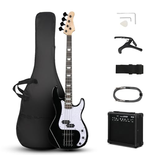 Ktaxon 4 String Electric Bass Guitar, PB-Style Full Size Standard Right Handed Beginner Kit with 20W AMP, Gig Bag, Strap, Upgrade Cable, Guitar Capo for Youths & Adults (Black)