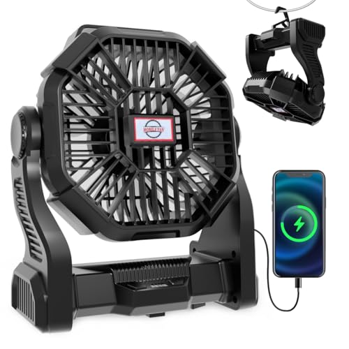 Portable Rechargeable Camping Fan for Tent, LED Lantern, 270 Rotation, 36 Hours 10-Inch Quiet Personal USB Cooling Fan for Travel, Home, Office