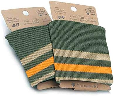 Haberdashery Online Stretch knit fabric, to finish off garments, perfect for 2 cuffs + 1 waistband, black with golden stripes and Lurex thread. 110 cms x 8 cms. Model 1