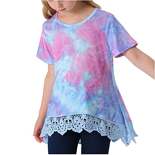 Frogwill Girls Tie Dye Tunic Tops Short Sleeve T shirt Lace Outfit Blouse 9-10 Years, Purple