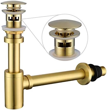 SEABEFORE Brass Round Bottle P-Trap With Pop-Up Drain - Brushed Gold, 1-1/4", Adjustable, For Sink