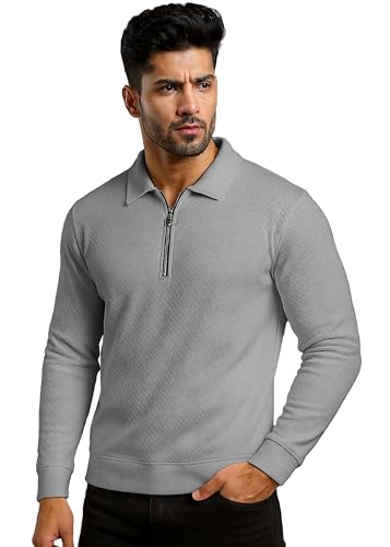 Image of Peppyzone Men's Full Sleeve Textured Polo T-Shirt with Collar | Stylish Chain Zip Tshirt for Man | Premium Polyester Lycra Stretch Fabric | Long Sleeve T Shirt for Men