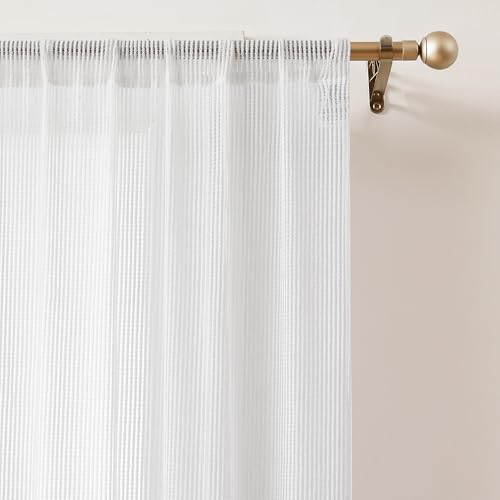 Image of Lush Decor Milla Knitted Textured Sheer Window Curtain Panels Pair 38 inch W x 84 inch L Pearl White - White Curtains for Bedroom - Sheer Curtains for Living Room