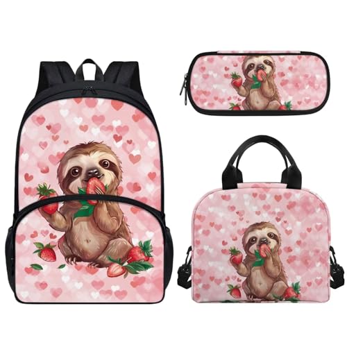Pink Hearts Sloth Strawberry Print Girls Backpack Set, Kids Backpacks with Lunch Bag & Pencil Case, Kawaii Girls Bookbag School Bag for Elementary School