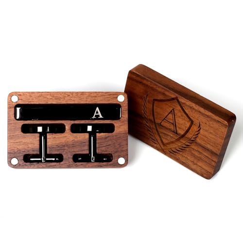 Image of Mens Initial Cufflinks and Tie Clip A-Z Alphabet Letter Black Stainless Cuff Links Tie Bar with Engraved Walnut Wood Box Groom Groomsman Wedding Set