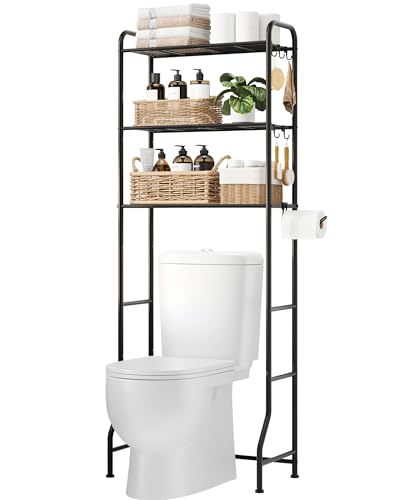 Image of Kitsure Over Toilet Storage Rack - Metal Over Toilet Bathroom Organizer Shelf, Over The Toilet Storage Cabinet with Paper Holder and Hooks, Bathroom Cabinet for Laundry, Black, 3 Tiers (63.4 inch H)