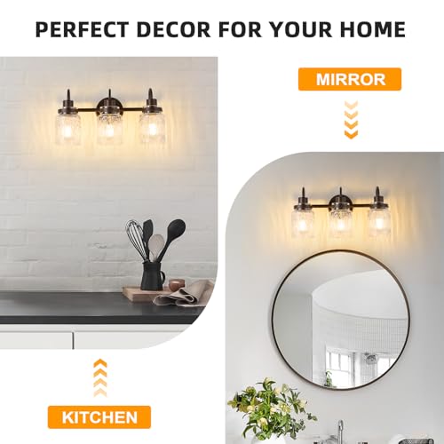 Image of 3 Lights Hammered Glass Bathroom Vanity Light, Oil Rubbed Bronze | Easy Installation,Up or Down,Farmhouse Modern Style,E26 Socket,ETL Certification