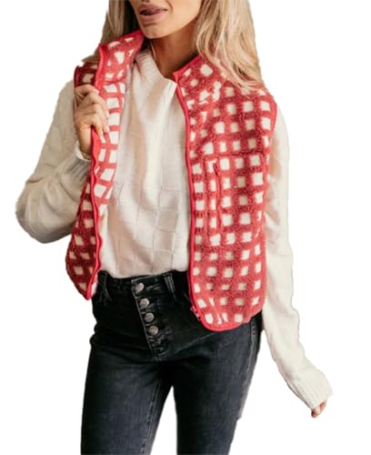 Women's Zip Up Sherpa Vest Checkered Fleece Vest Fall Winter Sleeveless Cardigan Warm Collared Outerwear Vests