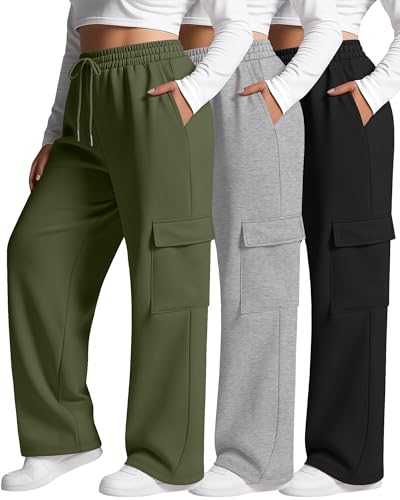 Neer 3 Pack Women's Plus Size Cargo Sweatpants Wide Leg Drawstring Bottom Pants Baggy Loose Casual Athletic Trousers(Black, Light Gray, Army Green,3X-Large)