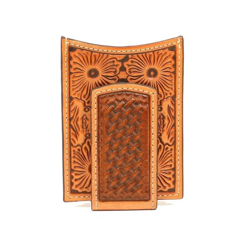 ARIAT Unisex-Adult's Floral and Basket Stamp Magnetic Money Clip Wallet, tan