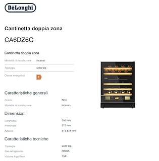 De'Longhi CA6DZ6G Cantinetta Refrigerata Vino, Da Incasso, Sotto Top, 134 Litri, 39 dB(A) 8 Ripiani In Legno, Controllo Temperatura, Luce Interna, Porta Reversibile, Colore Nero, Classe Energetica F