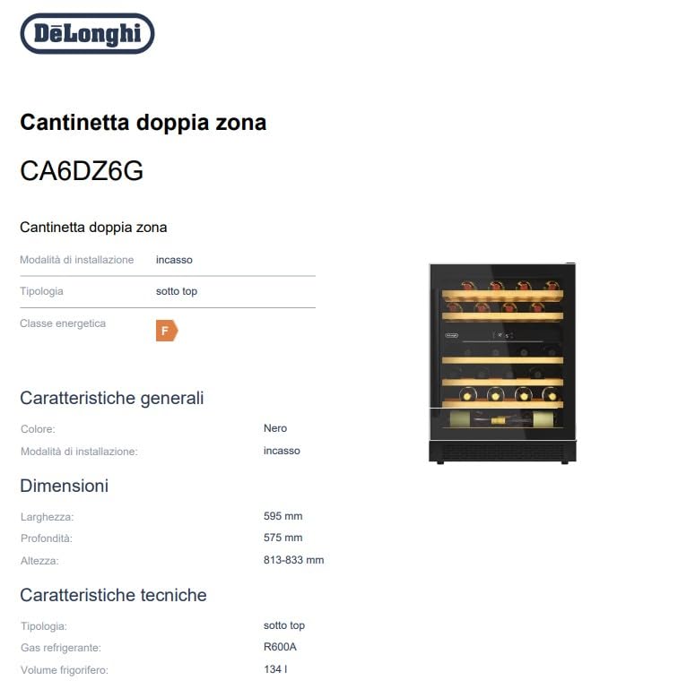 De'Longhi CA6DZ6G Cantinetta Refrigerata Vino, Da Incasso, Sotto Top, 134 Litri, 39 dB(A) 8 Ripiani In Legno, Controllo Temperatura, Luce Interna, Porta Reversibile, Colore Nero, Classe Energetica F - immagine 4