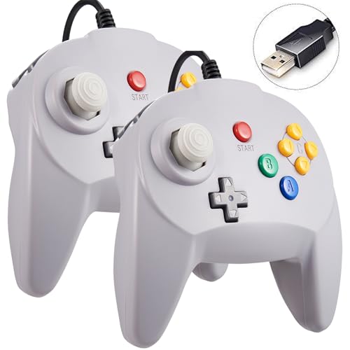 KIWITATA 2 Pack Mini N64 USB Controller, Retro N64 Remote Wired 64-bit Upgraded Joystick Game Controller for Windows PC/Mac Raspberry Pi 3 Gray