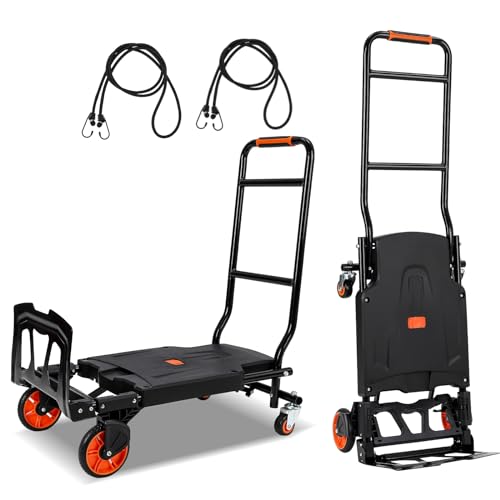 GlowSol Foldable Black Convertible 330 Lbs Capacity Heavy Duty 2-in-1 Hand Truck, Dolly Cart with 4 Wheels, Elastic Ropes, Collapsible Platform Cart for Moving, Luggage, Shopping, Warehouse
