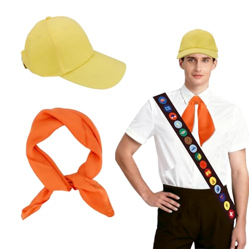 Hisxierng - 18PCS Halloween Girl Scout Costume Set with Orange Scarf for Women Men Hats Brown Satin Sash for Boy Scout Costumes Outfit Embroidered Scout Patch Badge for DIY Explorer Costume Cosplay Party Dress Up