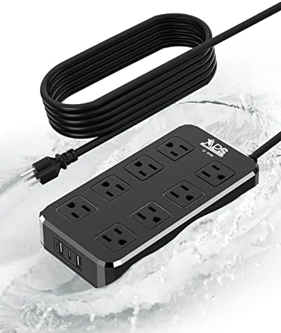 IPX6 Outdoor Power Strip Weatherproof, Waterproof Surge Protector with 8 Wide Outlet with 3 USB Ports, 10FT Long Extension Cord, Wall Mountable for Outside Decorations and More UL Listed(Black)