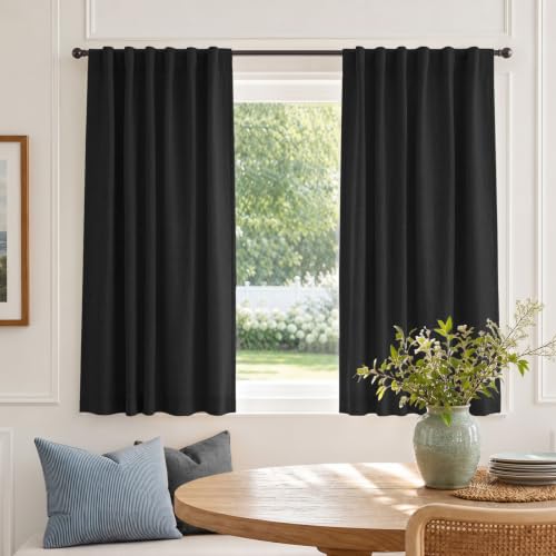 Image of Linen Textured Total Blackout Curtains for Bedroom 54 Inches Long, Black | 100% Blackout Shield, Back Tab /Rod Pocket Living Room Drapes, Thermal Insulated Blackout Curtains 2 Panels Set, 42 inchW x 54 inchL