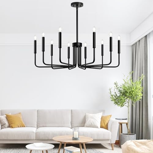 Lynnoland Black 10-Light Chandelier, Farmhouse Chandeliers for Dining Room Lighting Fixtures Hanging, Vintage Candle Pendant Light Fixtures Chandelier for Bedroom, Foyer and Living Room