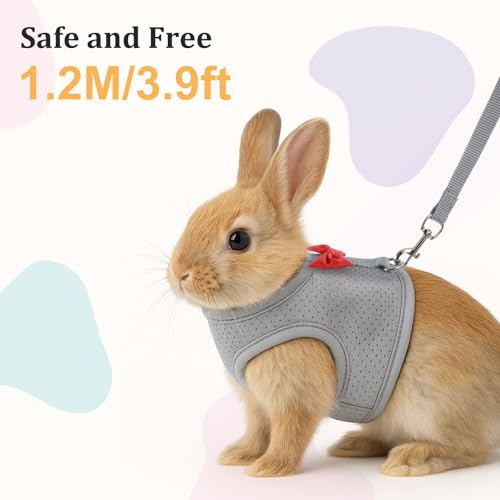 Image of Rabbit Harness and Leash Set with Cute Bow, Soft Mesh Vest Harness for Rabbits, Adjustable Bunny Vest Harnes, for Rabbits Walks Accessories(Grey)
