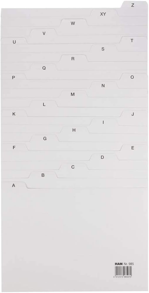 HAN 985, Tab A - Z, A5 Landscape, 25 pcs. Guide Cards for Card Index Boxes and Trays, Grey