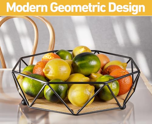 Fruit Bowl for Kitchen Counter - 12"W Metal & Wood Modern Fruit Bowl for Table - Large Produce Basket for Kitchen Counter - Stylish Wood & Black Decorative Bowl - Dining Table Centerpiece Decor Bowl by HB Design Co. - Image 4