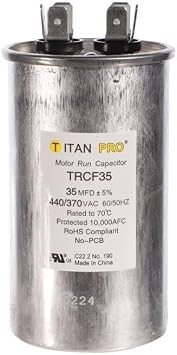 TITAN PRO TRCF35 35 MFD 440/370VAC, Rated 70'C, Round, Run Capacitor
