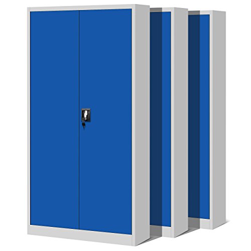 Jan Nowak 3er Set Aktenschrank C001H Büroschrank Metallschrank Stahlschrank Werkzeugschrank Stahlblech Pulverbeschichtet Flügeltürschrank Abschließbar 195 cm x 90 cm x 40 cm (grau/blau)