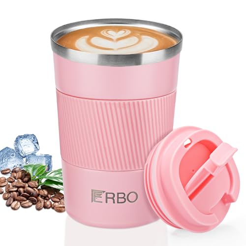 ERBO Kaffeebecher to go, Thermobecher Kaffee to go, 380ml Auslaufsicher Kaffeebecher mit Deckel, Coffee to go Becher, Kaffeebecher to-go Thermo, Thermobecher Edelsthal für Wasser, Tee, Kaffee (Rosa)