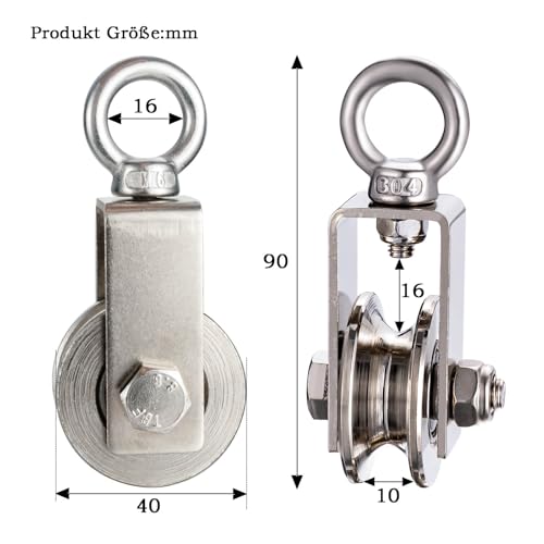 KCNOFNC 40mm Umlenkrolle mit 2 Kugellager, Edelstahl Fitness flaschenzug，Umlenkrollen für 8mm Seile Stahlseil, Tragkraft 200kg 1 Stück