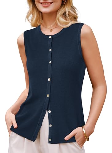 Arach&Cloz Women's Tank Top Wool Blend Knitted Vest Tops with Functional Button Sleeveless Basic Casual Jumper(Dark Blue, M)